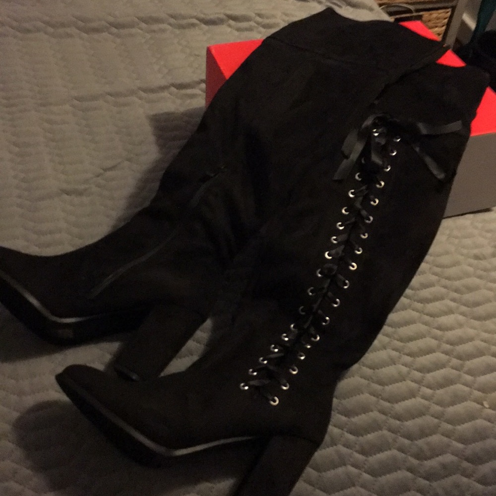 Over the knee boots, lace up outside zip inside
